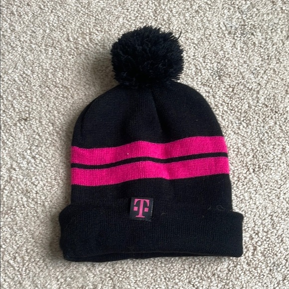 Pink Striped “T-Mobile” Black Knit Hat with Pom-Pom - Picture 1 of 2